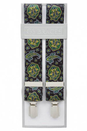 Mens Black Trouser Braces with Green and Yellow Paisley Design